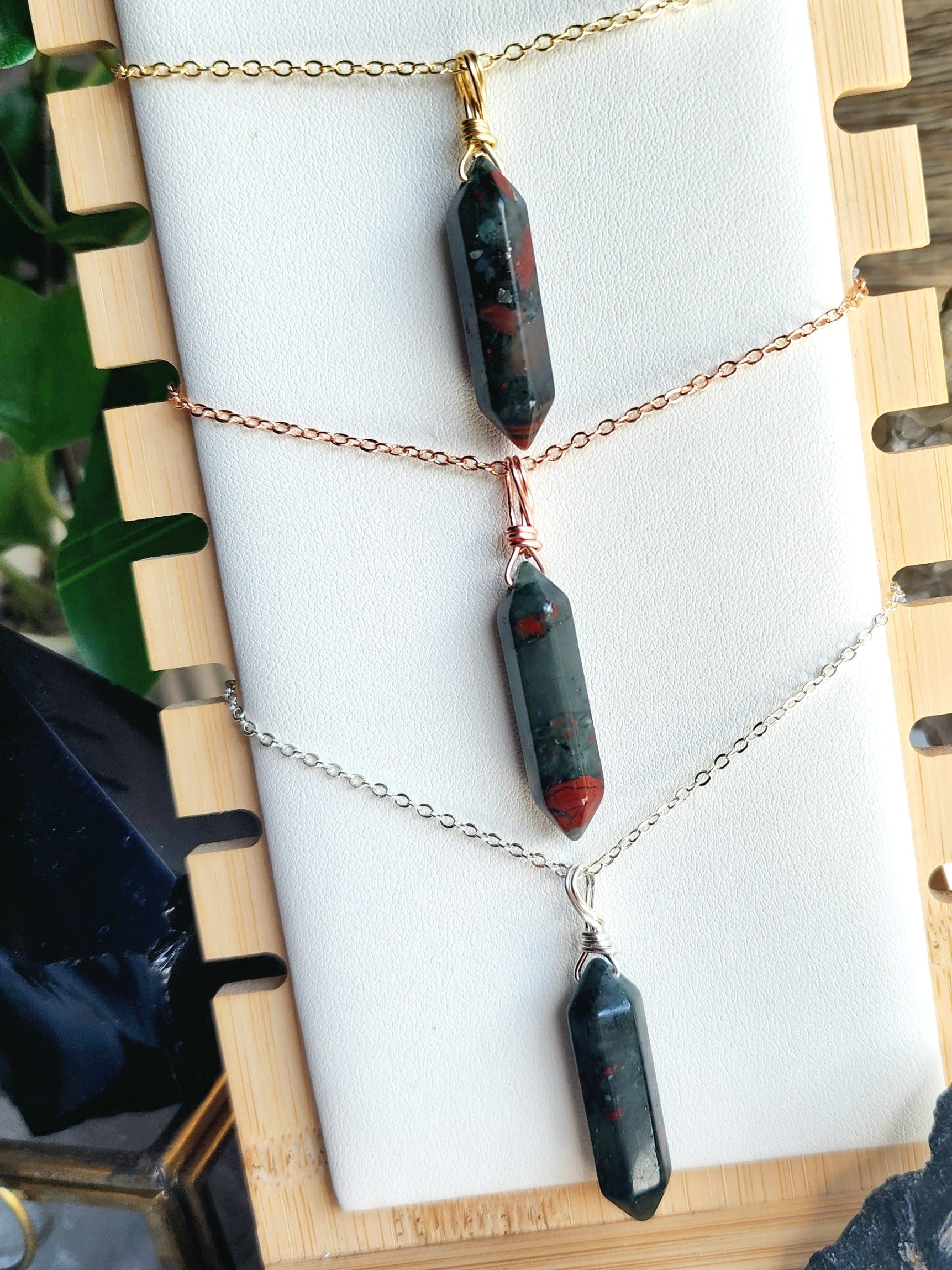Handcrafted necklace featuring an African Bloodstone gemstone in a wire-wrapped pendant,  designed for everyday wear.