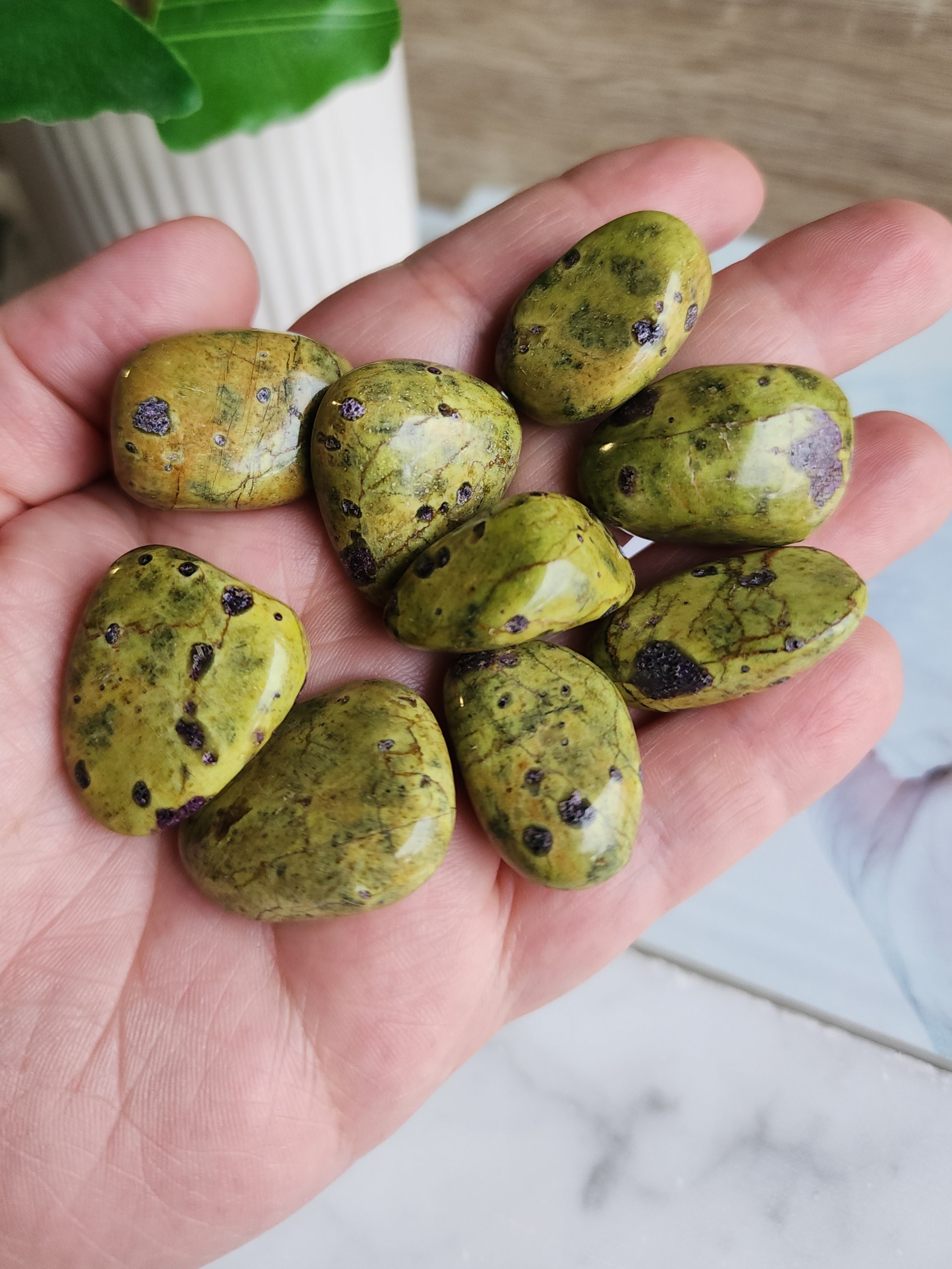 Polished Atlantasite tumble stone featuring natural purple Stichtite within green Serpentine.