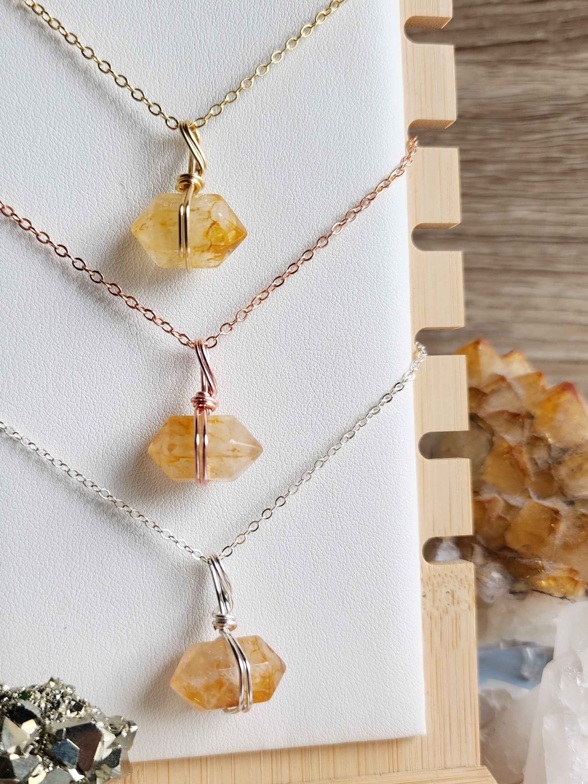 Handcrafted Golden Healer crystal necklace by Anay Crystals, featuring two polished gemstone in a minimalist wire-wrapped setting designed for everyday wear.
