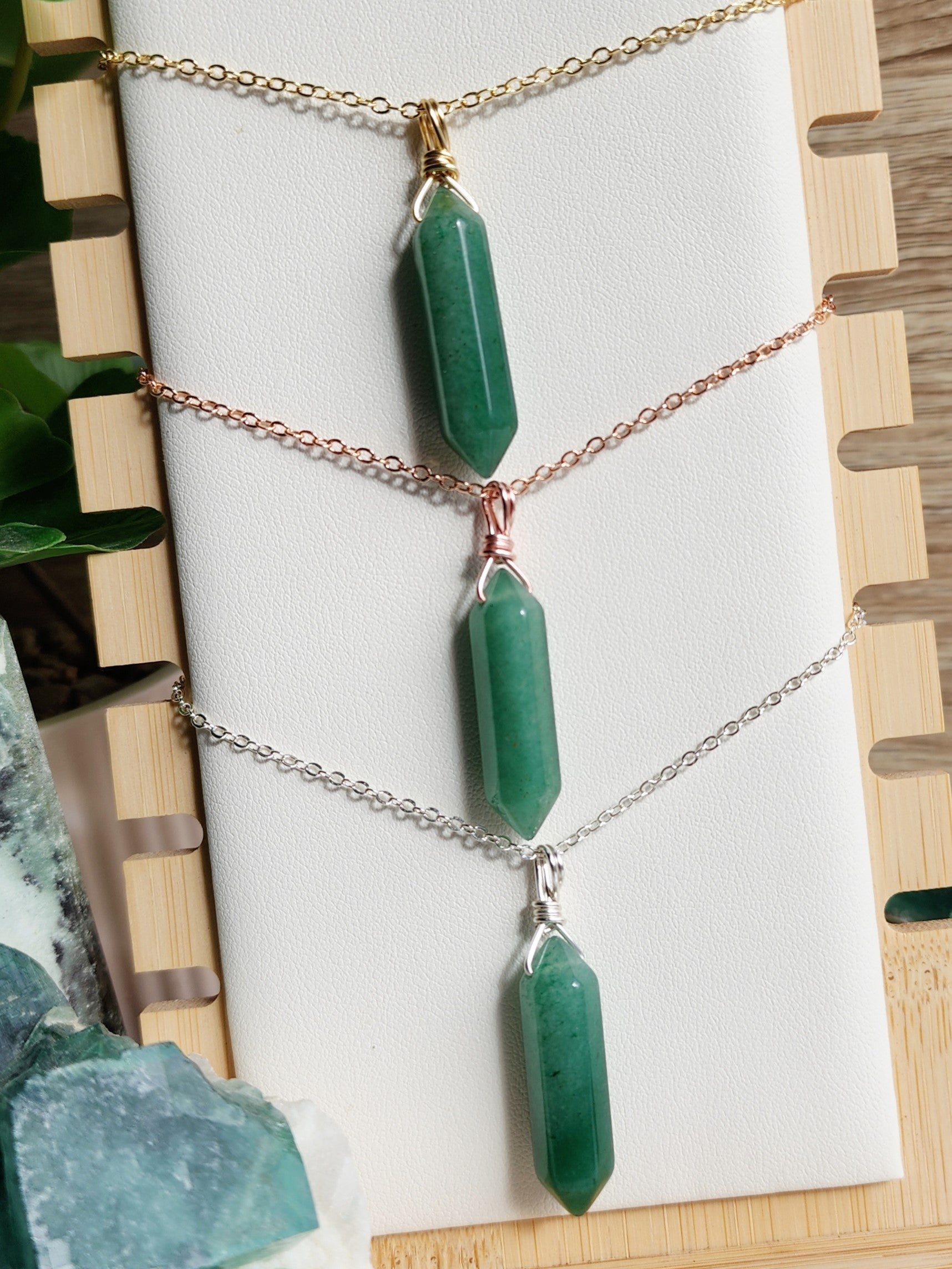 Handcrafted Green Aventurine crystal necklace by Anay Crystals, featuring two polished gemstone in a minimalist wire-wrapped setting designed for everyday wear.