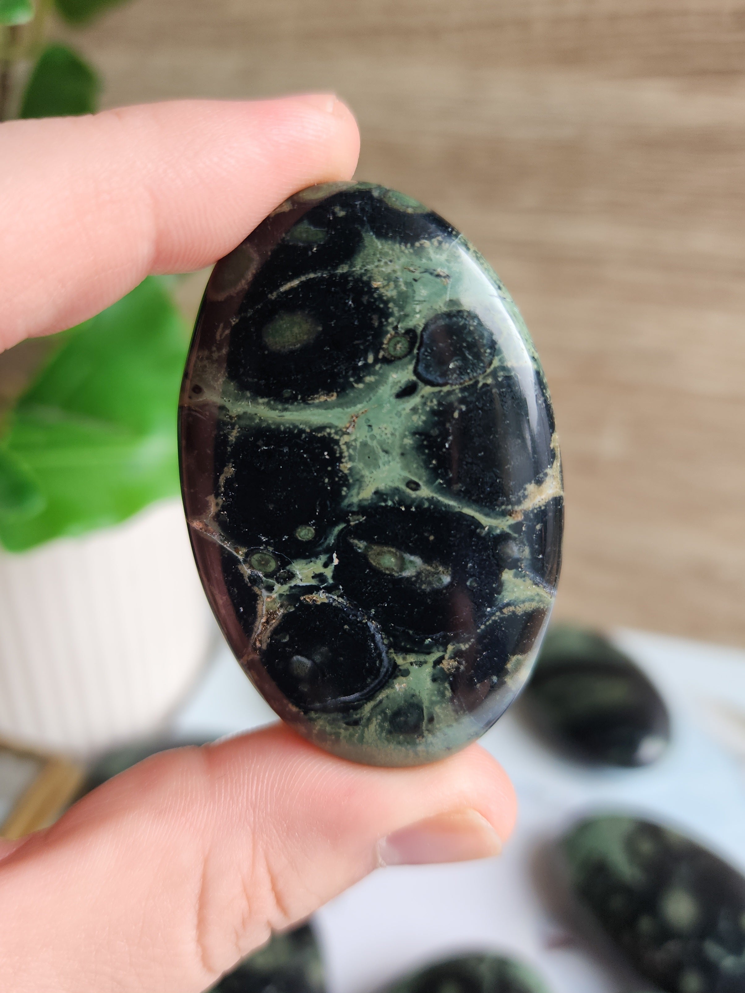 Polished Kambaba Jasper palm stone featuring natural dark green and black orbicular patterns.