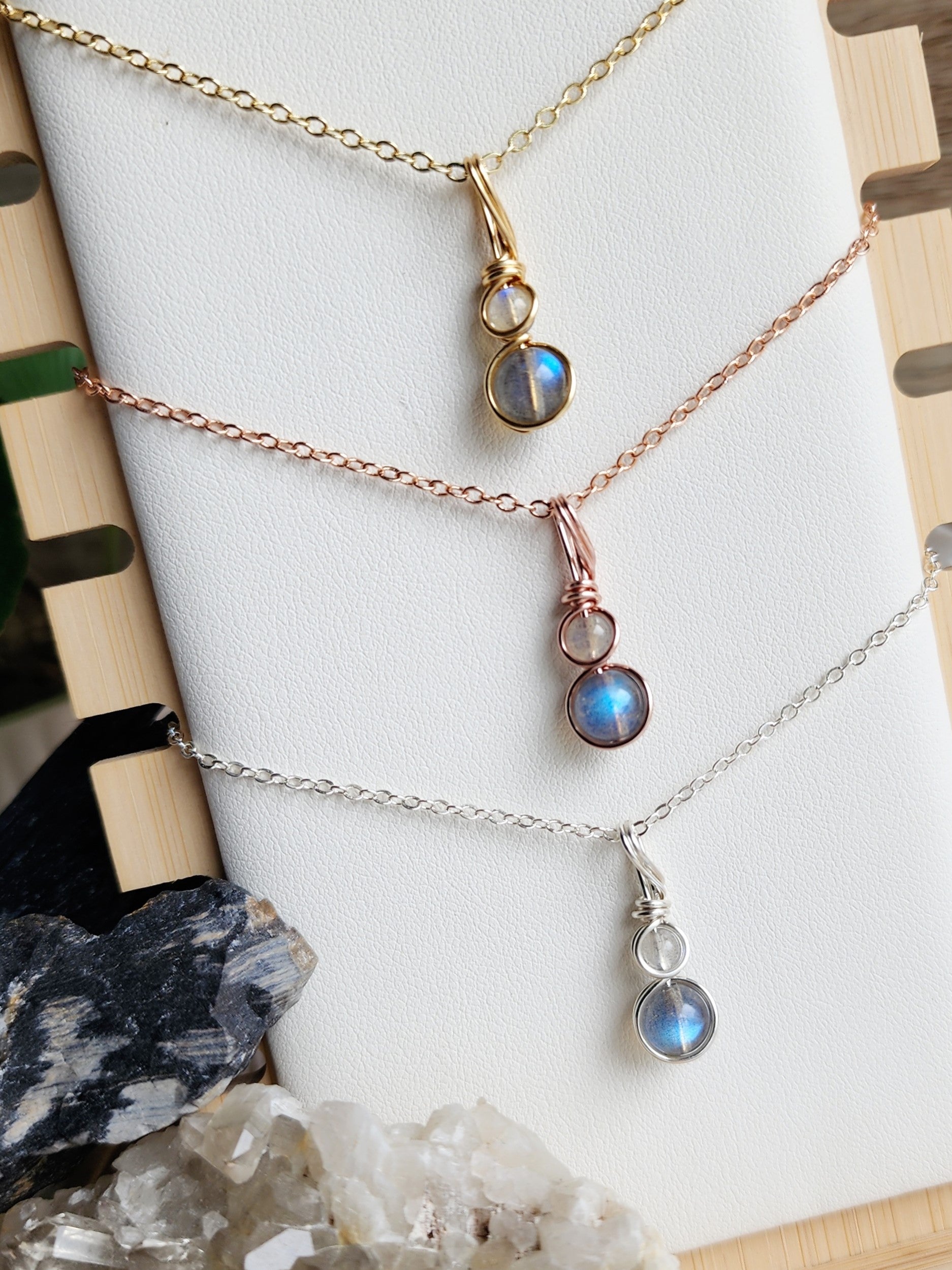 Handcrafted Tera crystal necklace by Anay Crystals, featuring two polished gemstone in a minimalist wire-wrapped setting designed for everyday wear.