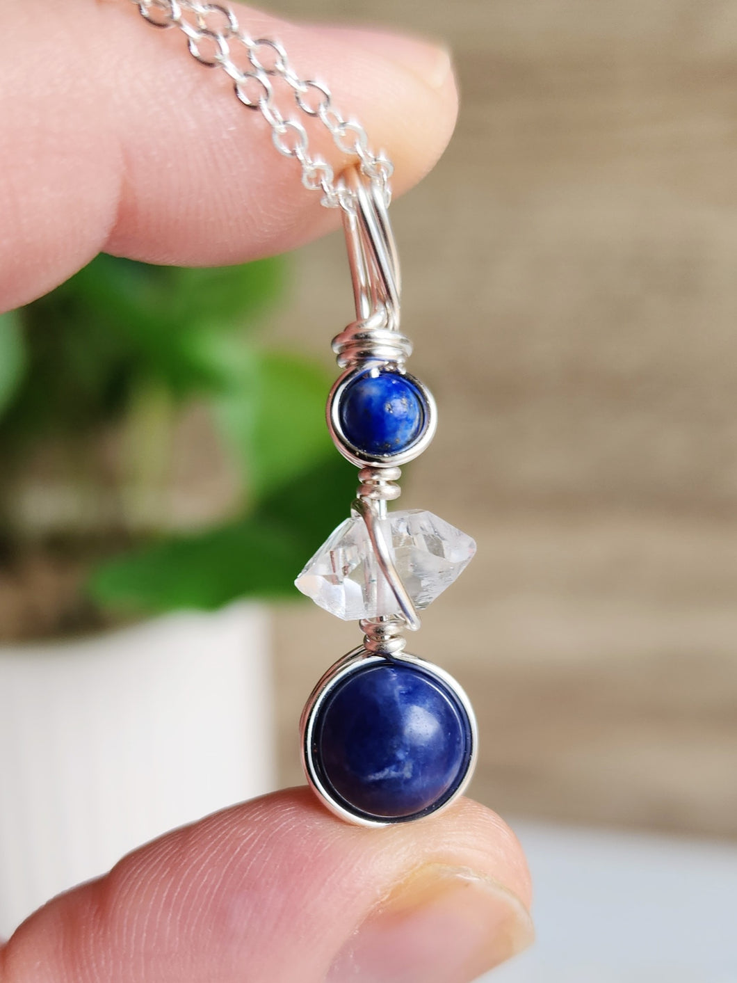 Lapis Lazuli, Herkimer Diamond Quartz and Sodalite necklace handcrafter to support your self-expression