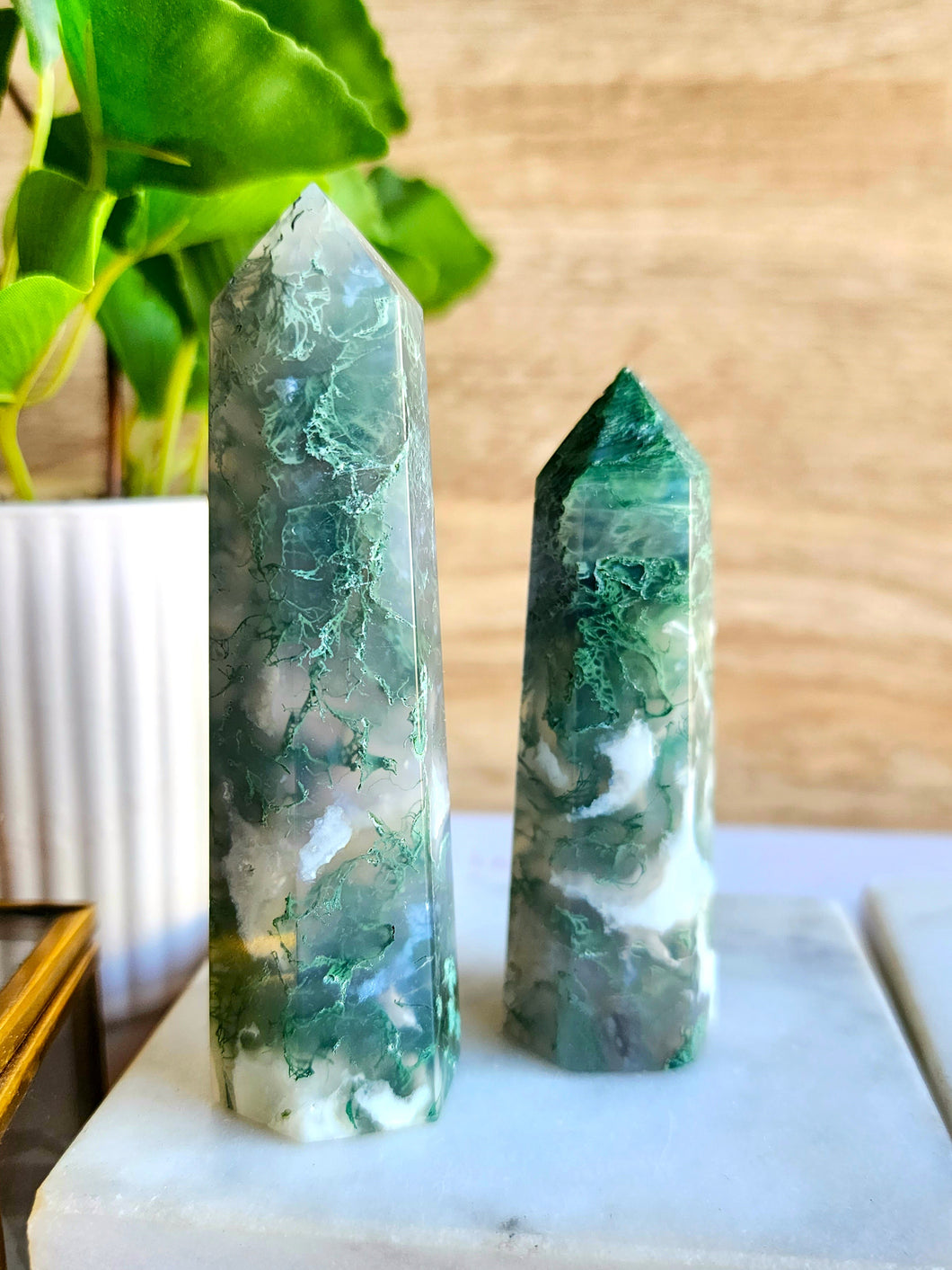 Experience Moss Agate: a stone symbolizing new beginnings and prosperity. Its tranquil energy fosters forgiveness, personal growth, and emotional balance, guiding you through uncertain times towards abundant opportunities