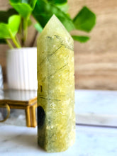 Load image into Gallery viewer, Prehnite with Epidote &amp; Black Tourmaline Tower - 8.5cm
