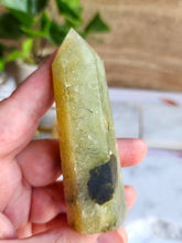 Load image into Gallery viewer, Prehnite with Epidote &amp; Black Tourmaline Tower - 8.5cm

