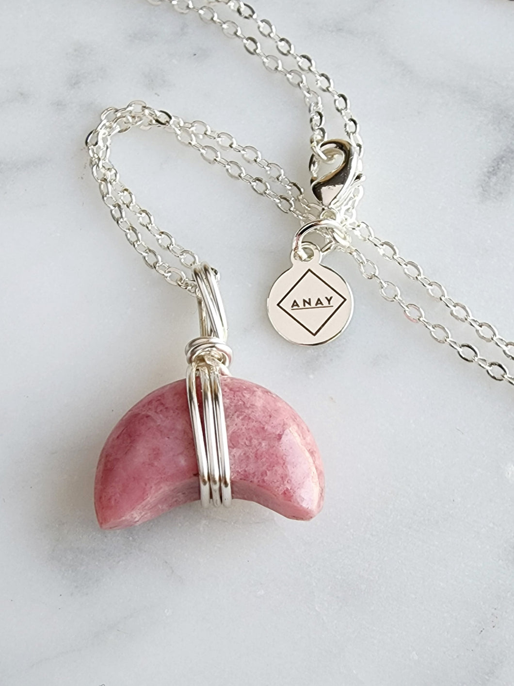 Rhodonite Moon Wrap - Silver 20 Inch length