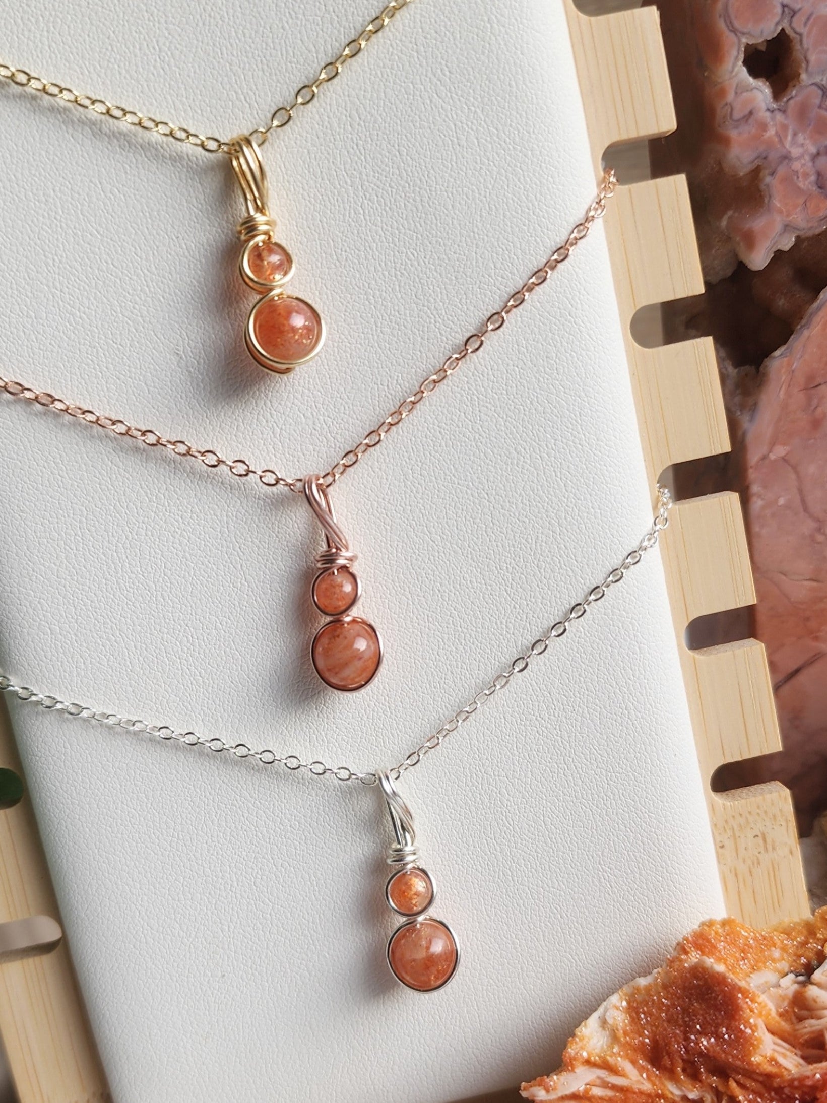 Handcrafted Tera crystal necklace by Anay Crystals, featuring two polished gemstone in a minimalist wire-wrapped setting designed for everyday wear.