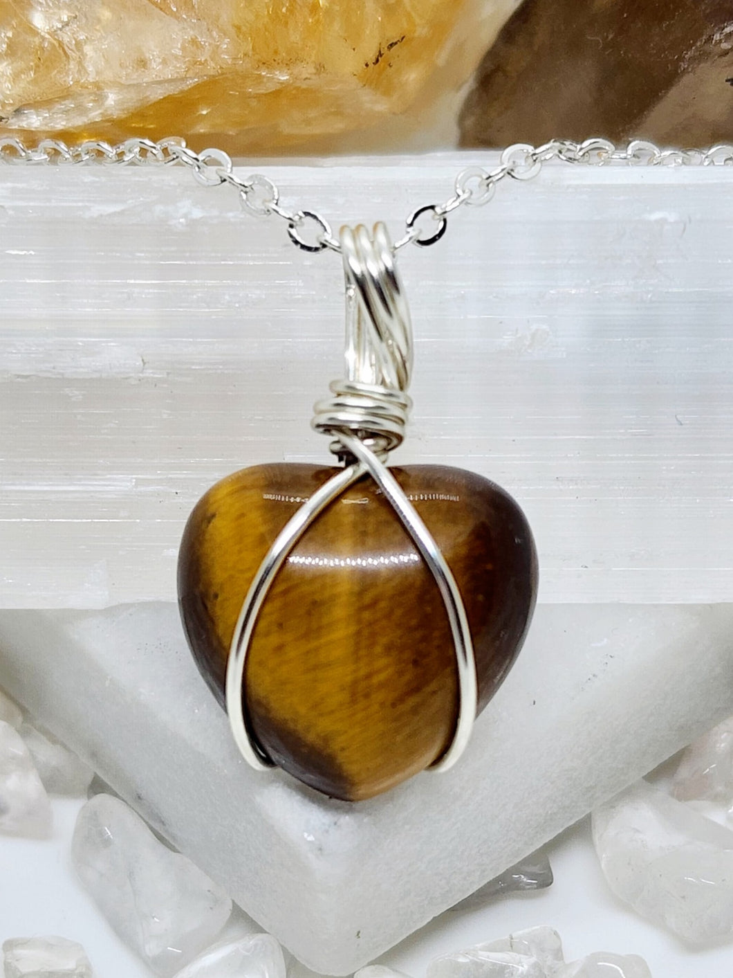 Tigers Eye Heart Wrap - Silver 18 Inch length