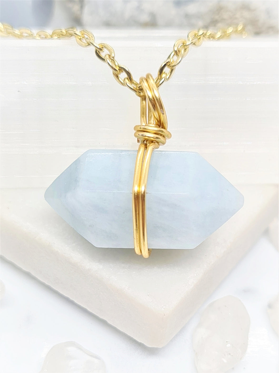 Aquamarine Polished Point - Gold 20 Inch Length