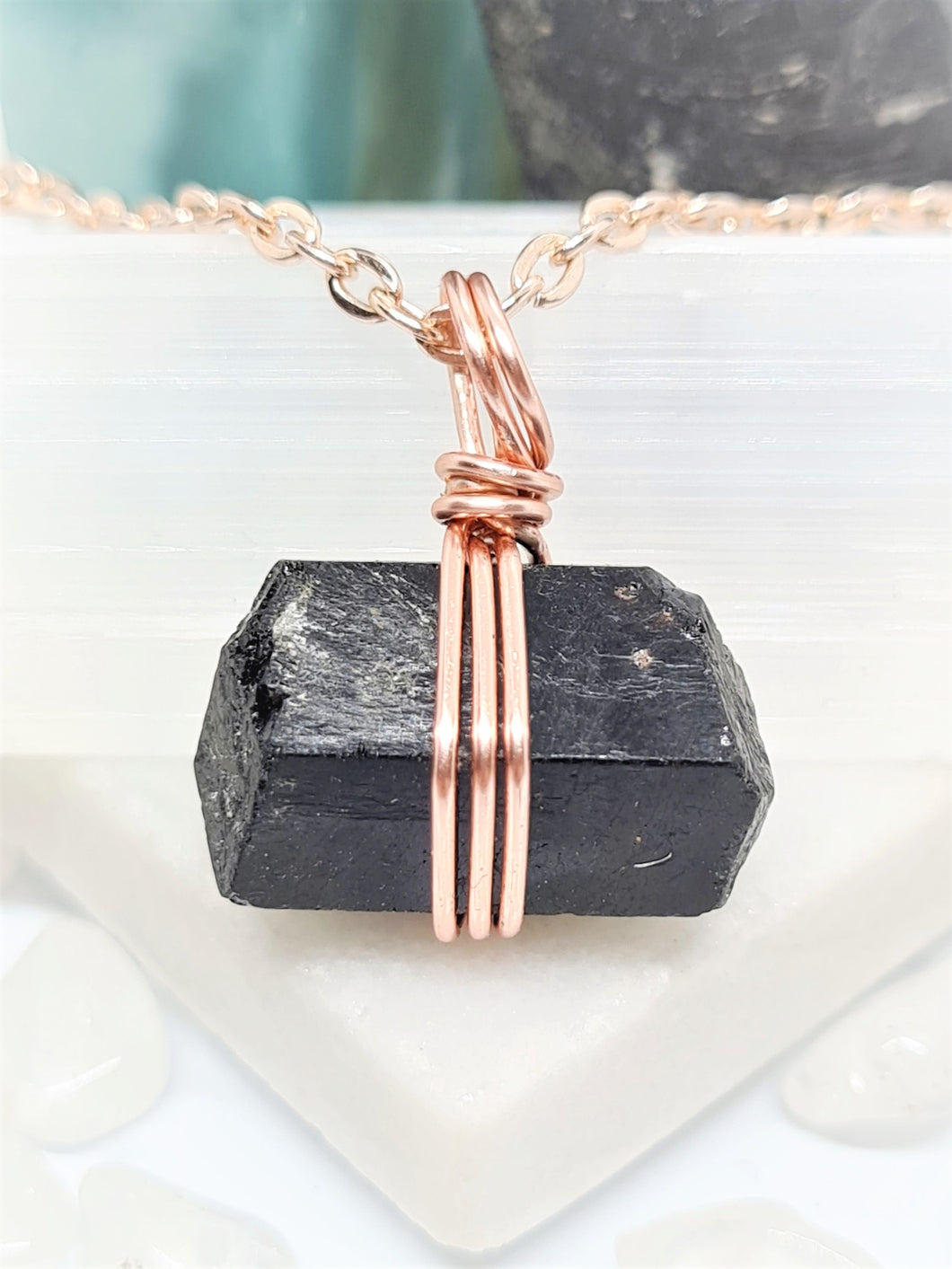 Black Tourmaline Double Terminated Crystal -Rose Gold 22 Inch length