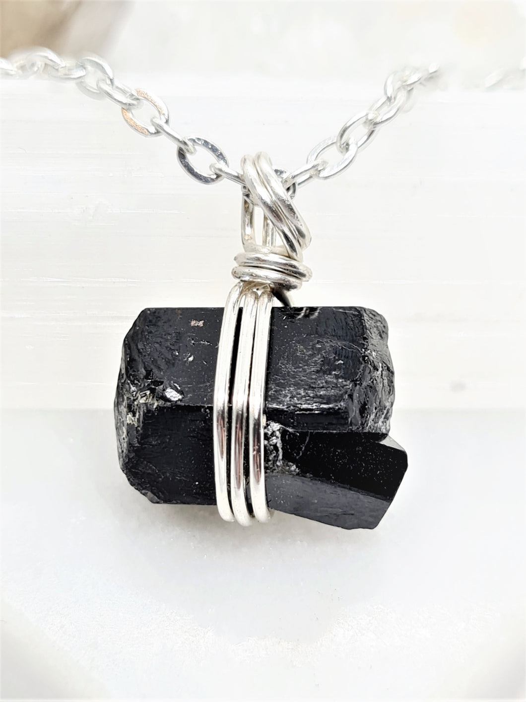 Black Tourmaline Crystal with twin- Silver 20 Inch length