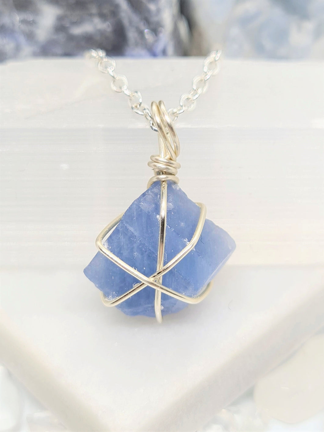 Blue Calcite Crystal - Silver 16 Inch length