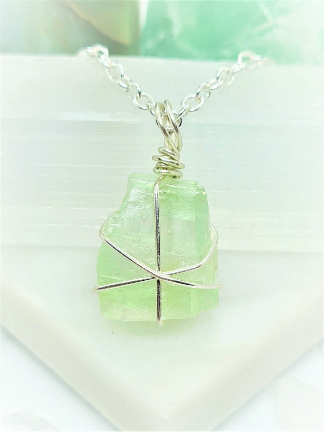 Green Calcite Crystal - Silver 18 Inch length