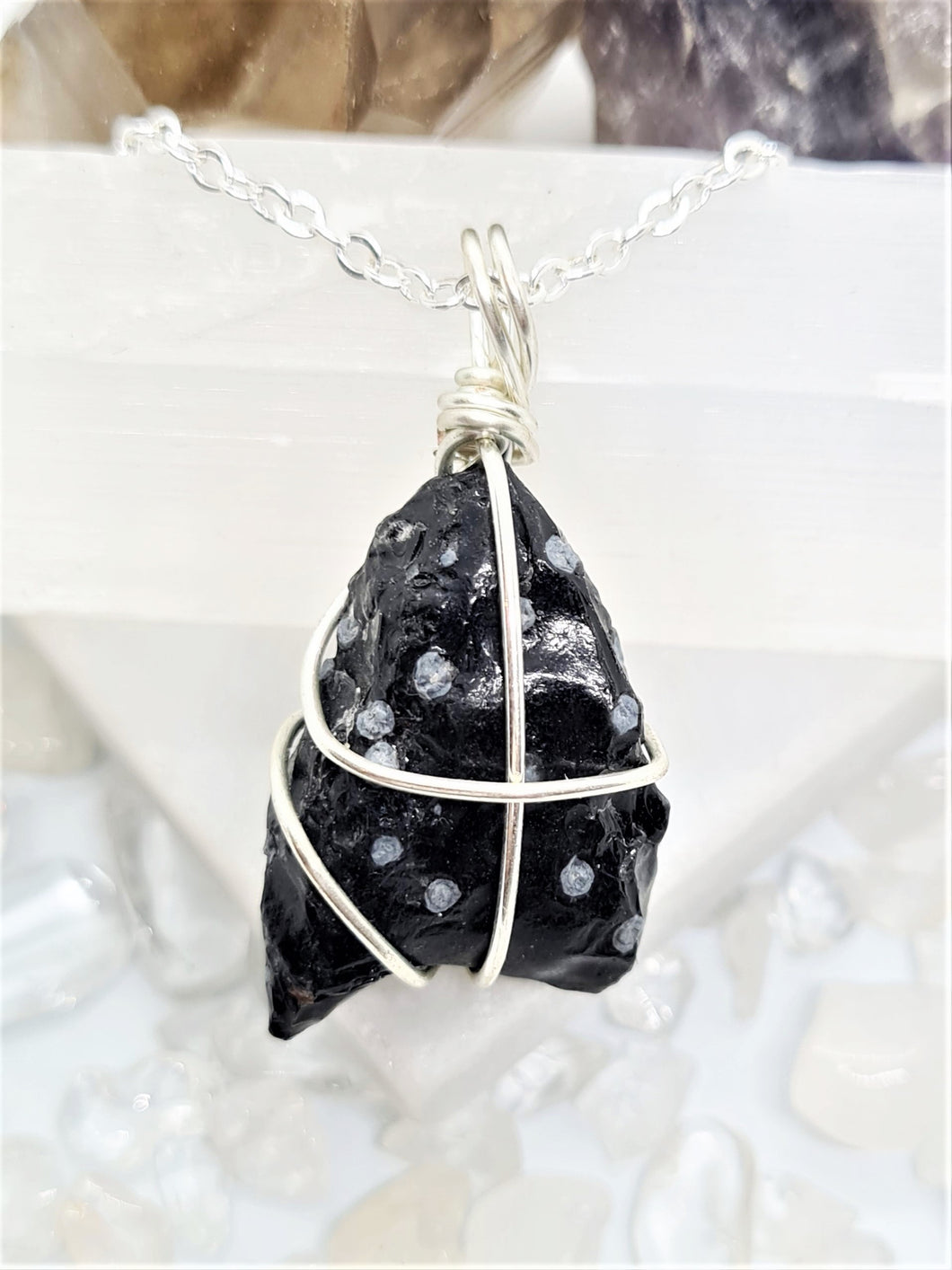 Snowflake Obsidian Wrap - Silver 20 Inch length